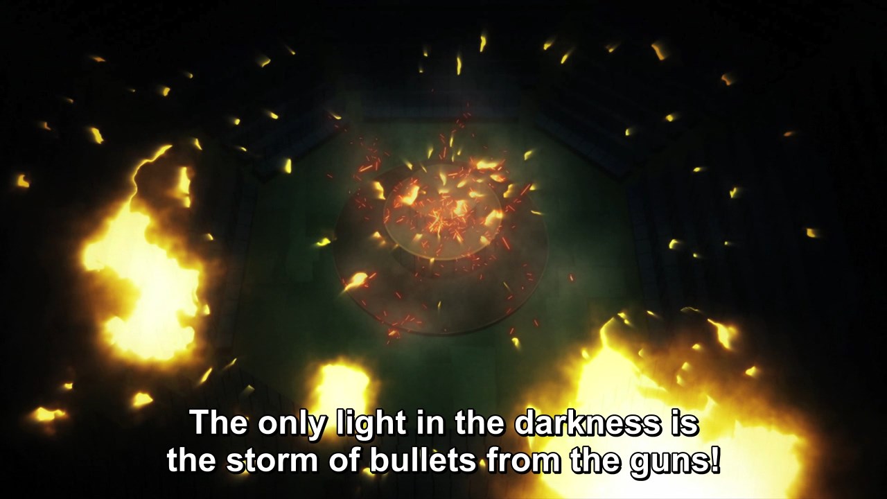 The only light in the darkness is the storm of bullets from the guns!